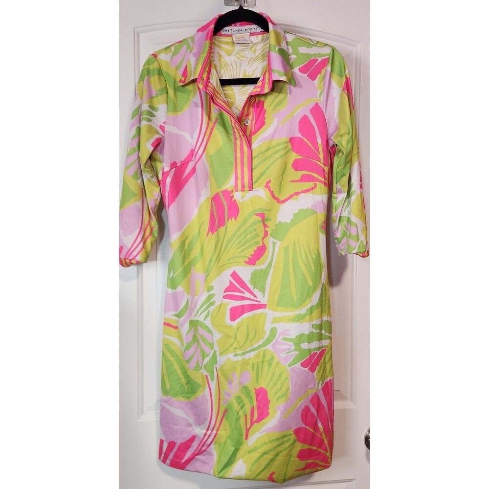 Gretchen Scott Everywhere Dress Size Small Green Pink 3/4 Sleeve Collared Button
